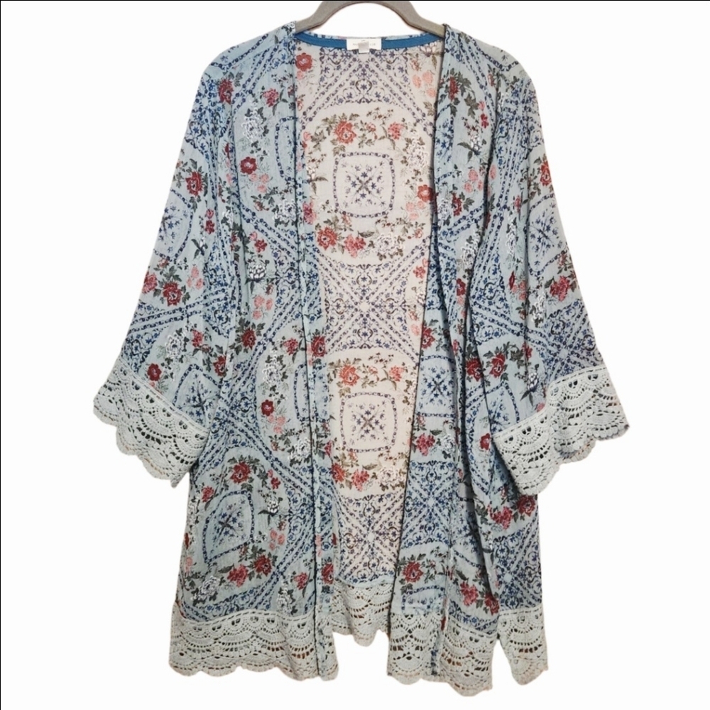 MASON & BELLE ANTHROPOLOGIE OPEN FRONT FLORAL CROCHET TRIM KIMONO CARDIGAN LRG